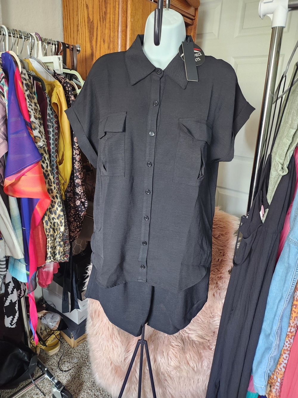 2- Piece Black Button-Front Short Sleeve Short Set